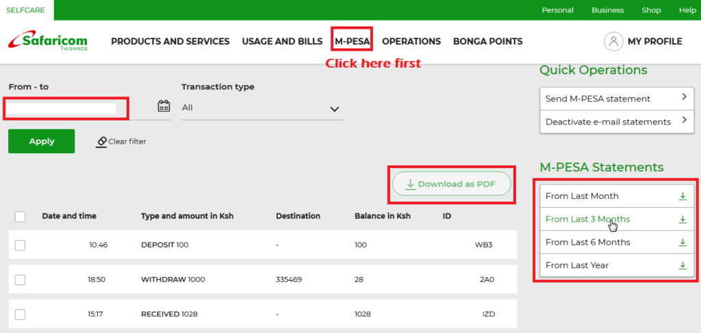 mpesa statement login